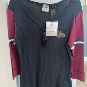Women’s Harley Davidson lace up 3/4 sleeve colorblock tee